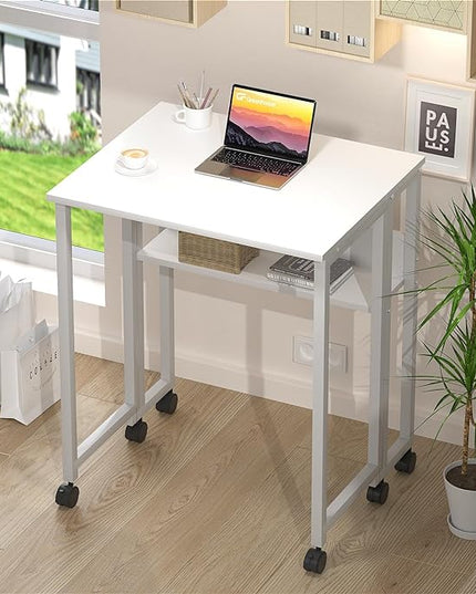 GreenForest Folding Desk White Desk with Storage Shelf,31.5 inch Foldable Computer Desk with Wheels Small Desk for Small Space,Easy Assembly,Pure White - LeafyLoom
