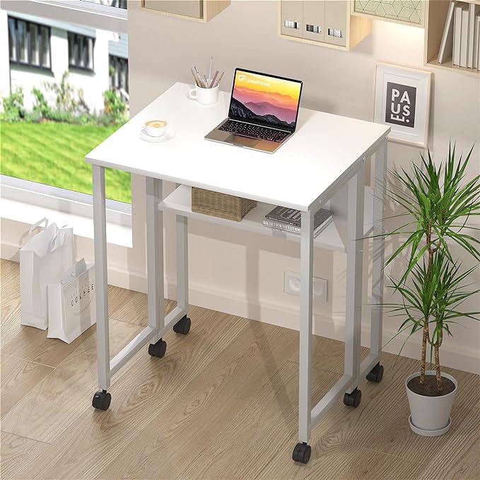 GreenForest Folding Desk White Desk with Storage Shelf,31.5 inch Foldable Computer Desk with Wheels Small Desk for Small Space,Easy Assembly,Pure White - LeafyLoom