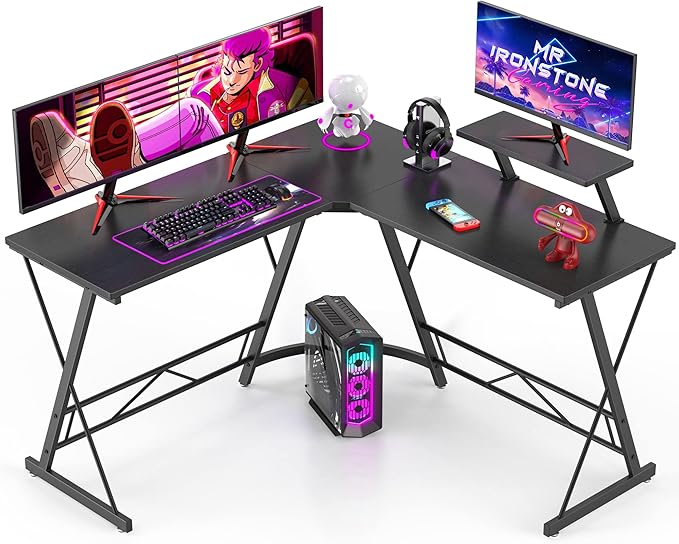 Mr IRONSTONE L Shaped Gaming Desk Corner Computer Desk, Home Office Desks Writing Workstation with Large Monitor Stand, Easy to Assemble (Black,51 Inch) - LeafyLoom