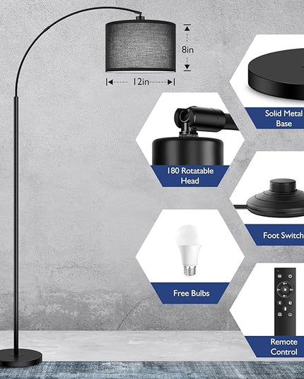 Arc Floor Lamps for Living Room, Modern Remote Control Standing Lamp with Stepless Dimmable, Black Tall Lamp with Black Drum Shade, Over Couch Arched Reading Light for Bedroom, Office(Bulb Included) - LeafyLoom