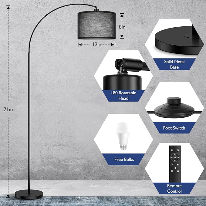 Arc Floor Lamps for Living Room, Modern Remote Control Standing Lamp with Stepless Dimmable, Black Tall Lamp with Black Drum Shade, Over Couch Arched Reading Light for Bedroom, Office(Bulb Included) - LeafyLoom