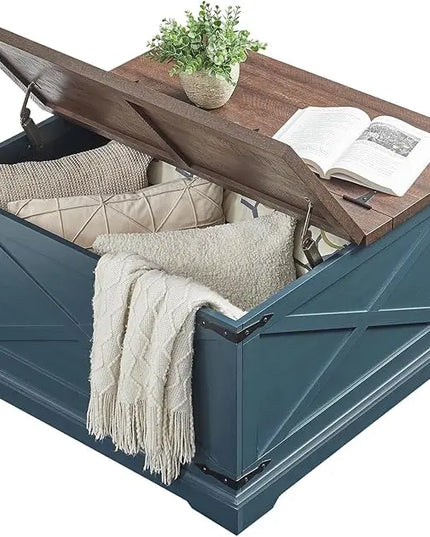 Farmhouse Square Coffee Table with Storage, Wood Center Table with Hinged Lift Top, Rustic Cocktail Table with Large Hidden Storage Compartment for Living Room, Bedroom,Blue - LeafyLoom
