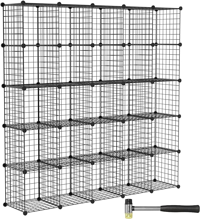 TUMUCUTE Wire Cube Storage Organizer, 25-Cube Modular Mental Grids Bookshelf, DIY Stackable Closet Cabinet for Bedroom Living Room, Office, Iron - LeafyLoom