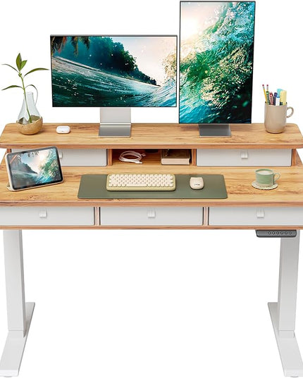FEZIBO Height Adjustable Electric Standing Desk with 5 Drawers, 48 x 24 Inch Table with Storage Shelf, Sit Stand Desk White Frame/Light Rustic Top, 48 inch - LeafyLoom