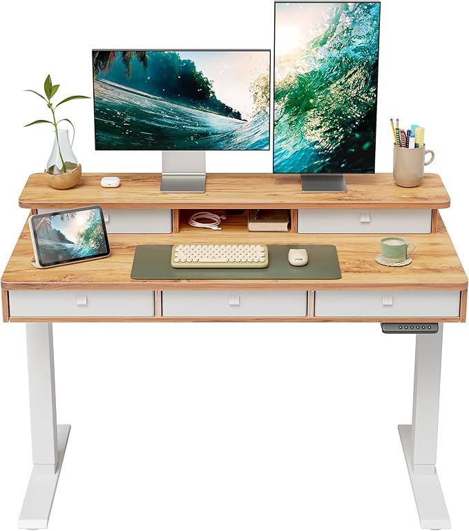 FEZIBO Height Adjustable Electric Standing Desk with 5 Drawers, 48 x 24 Inch Table with Storage Shelf, Sit Stand Desk White Frame/Light Rustic Top, 48 inch - LeafyLoom