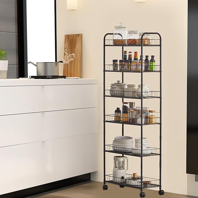 6-Tier Slim Rolling Cart,Narrow Shelving,Kitchens, Bathroom, Garages, Laundry rooms, Offices,10" D x 22.8" W x 61" H - LeafyLoom