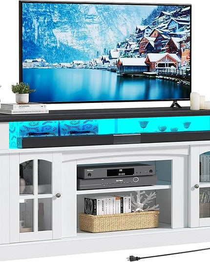 YITAHOME LED Farmhouse TV Stand for TV up to 65 Inch w/Outlets, Highboy Media Entertainment Center Console Table Adjustable Storage Shelves &Cabinet Glass Door for 400lbs for Living Room, White - LeafyLoom