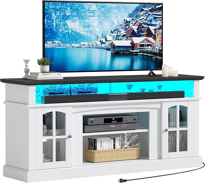 YITAHOME LED Farmhouse TV Stand for TV up to 65 Inch w/Outlets, Highboy Media Entertainment Center Console Table Adjustable Storage Shelves &Cabinet Glass Door for 400lbs for Living Room, White - LeafyLoom