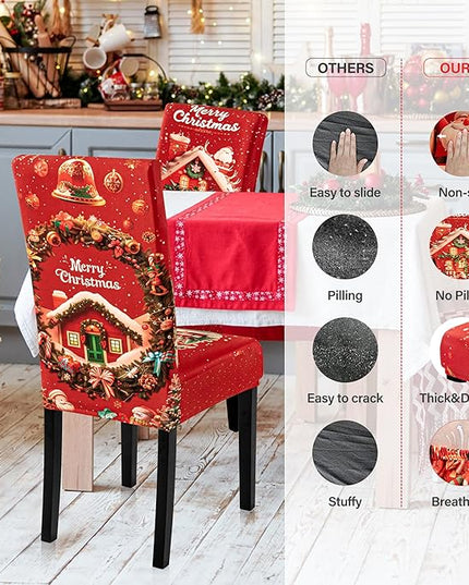 6PCS Christmas Dining Chair Covers Stretch Removable Washable Dining Room Chair Protector Slipcovers Santa Claus House Wreaths Kitchen Chair Cover Slipcover Protector for Xmas Holiday Party Home Décor CZL