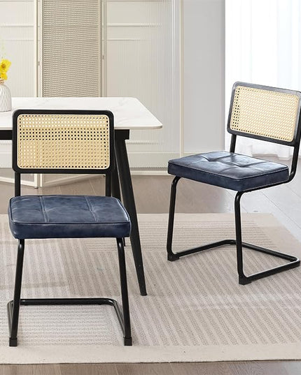 Rattan Dining Chairs Set of 2, Mid Century Modern PU Leather Dining Room Kitchen Chairs with Cane Back, Metal Chrome Legs, Upholstered Wicker Armless Accent Chairs, Blue - LeafyLoom