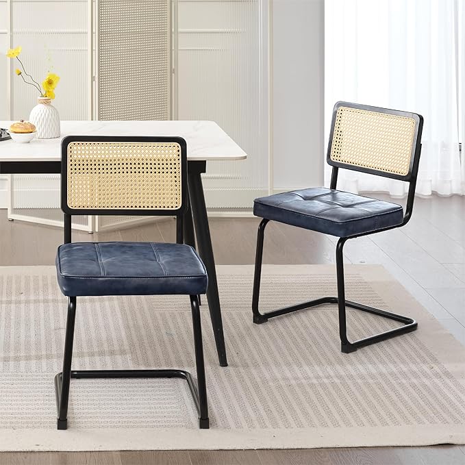 Rattan Dining Chairs Set of 2, Mid Century Modern PU Leather Dining Room Kitchen Chairs with Cane Back, Metal Chrome Legs, Upholstered Wicker Armless Accent Chairs, Blue - LeafyLoom
