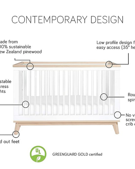 Babyletto Scoot 3-in-1 Convertible Crib with Toddler Bed Conversion Kit in White and Washed Natural, Greenguard Gold Certified - LeafyLoom