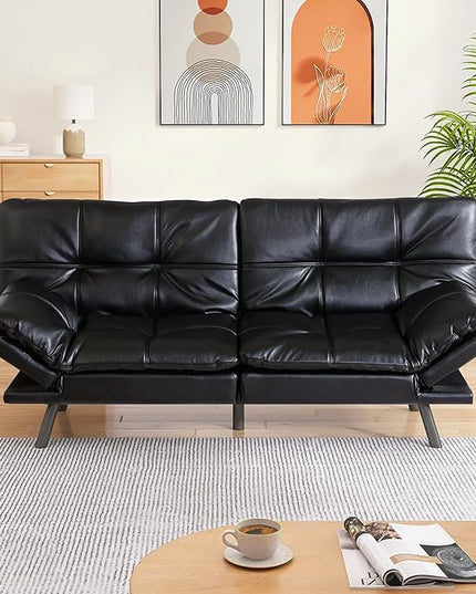 Memory Foam Faux Leather Futon Sofa Bed Couch,Convertible Futon Sofa Couch,Loveseat Sleeper Sofa Bed,Small Splitback Modern Sofa Bed for Living Room,Office,Apartment,Bright Black - LeafyLoom