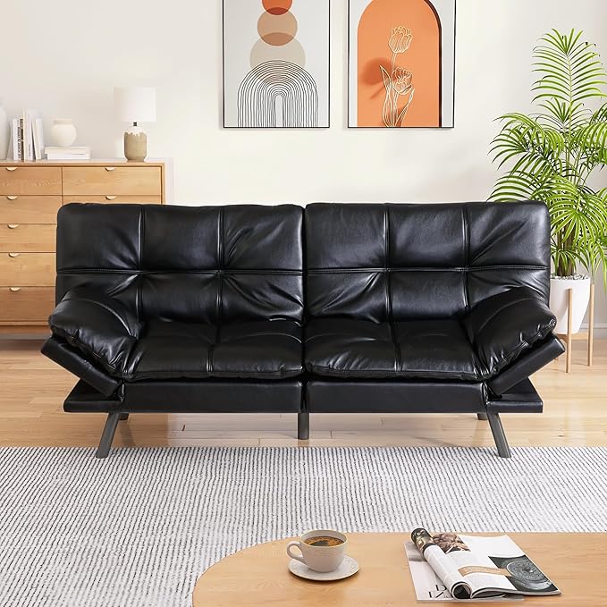 Memory Foam Faux Leather Futon Sofa Bed Couch,Convertible Futon Sofa Couch,Loveseat Sleeper Sofa Bed,Small Splitback Modern Sofa Bed for Living Room,Office,Apartment,Bright Black - LeafyLoom