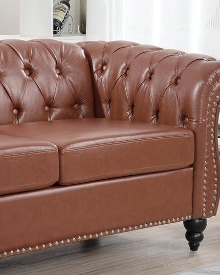 3-Seaters Living Room Clasic Chesterfield Sofa Couch Button Tufted PU Leather Upholstered Sofa&Couch with Luxury Roller Armrest Soild Wood Legs Movable Cushions & Nailhead Decor - LeafyLoom