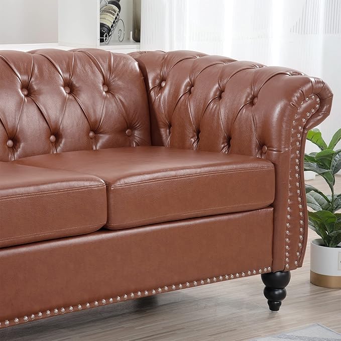 3-Seaters Living Room Clasic Chesterfield Sofa Couch Button Tufted PU Leather Upholstered Sofa&Couch with Luxury Roller Armrest Soild Wood Legs Movable Cushions & Nailhead Decor - LeafyLoom