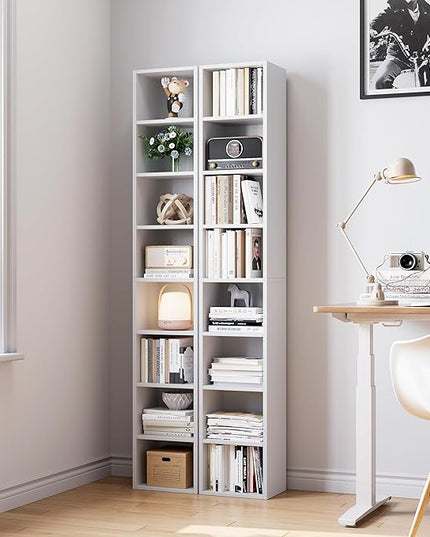 71 Inches Tall Narrow Bookshelf, 8-Tier CD DVD Slim Media Tower Rack, Corner Bookcase with Adjustable Shelves, Skinny Cubes Bookshelves for Home Office Small Space, White - LeafyLoom