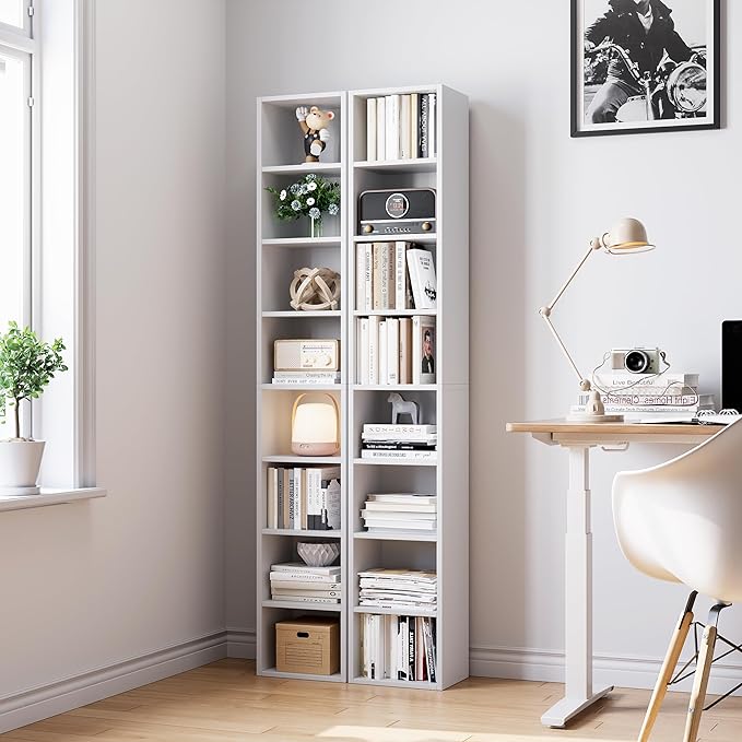 71 Inches Tall Narrow Bookshelf, 8-Tier CD DVD Slim Media Tower Rack, Corner Bookcase with Adjustable Shelves, Skinny Cubes Bookshelves for Home Office Small Space, White - LeafyLoom