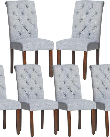 COLAMY Button Tufted Dining Chairs Set of 6, Parsons Upholstered Fabric Dining Room Chairs Kitchen Chairs with Wood Legs and Padded Seat, Blue Fishbone - LeafyLoom