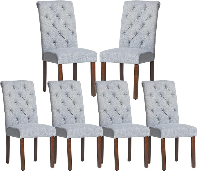 COLAMY Button Tufted Dining Chairs Set of 6, Parsons Upholstered Fabric Dining Room Chairs Kitchen Chairs with Wood Legs and Padded Seat, Blue Fishbone - LeafyLoom