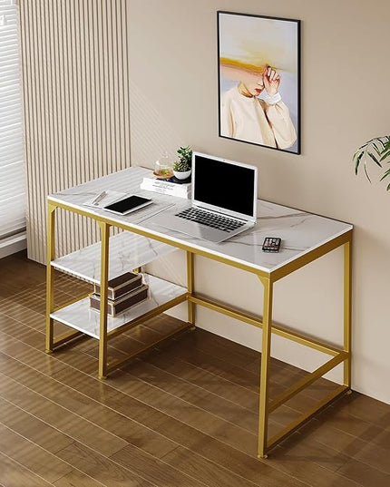 CIVANA Metal Office Desk，43 Inch Small Study Desk,Gold Office Desk with 2 Tier Storage Space，Computer Desk Modern Simple Style，Sturdy Writing Workstation for Home & Office，White Marble + Gold Leg - LeafyLoom