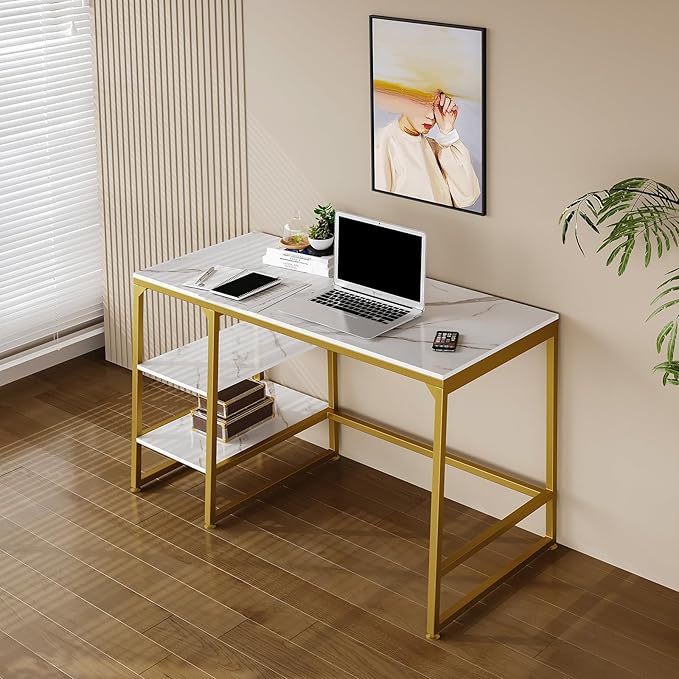 CIVANA Metal Office Desk，43 Inch Small Study Desk,Gold Office Desk with 2 Tier Storage Space，Computer Desk Modern Simple Style，Sturdy Writing Workstation for Home & Office，White Marble + Gold Leg - LeafyLoom