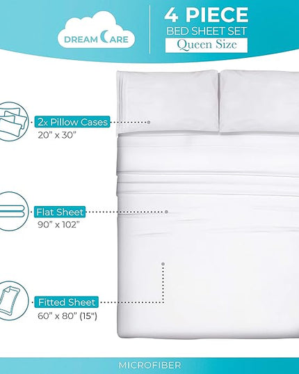DREAMCARE Queen Size Sheets - Cooling Bed Sheets - 4pcs Set - up to 15" Deep Pocket Queen Sheet Set - Sheets Queen Size Bed - Soft & Long Lasting 100% Fine Brushed Polyester with Side Pocket - White - LeafyLoom