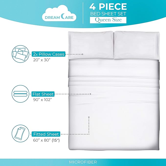 DREAMCARE Queen Size Sheets - Cooling Bed Sheets - 4pcs Set - up to 15" Deep Pocket Queen Sheet Set - Sheets Queen Size Bed - Soft & Long Lasting 100% Fine Brushed Polyester with Side Pocket - White - LeafyLoom