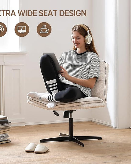 EMIAH Armless Office Desk Chair No Wheels Faux Fur Vanity Mid-Back Ergonomic Home Computer Comfortable Adjustable Swivel Furry Task Chair with Thickened Cushion - LeafyLoom