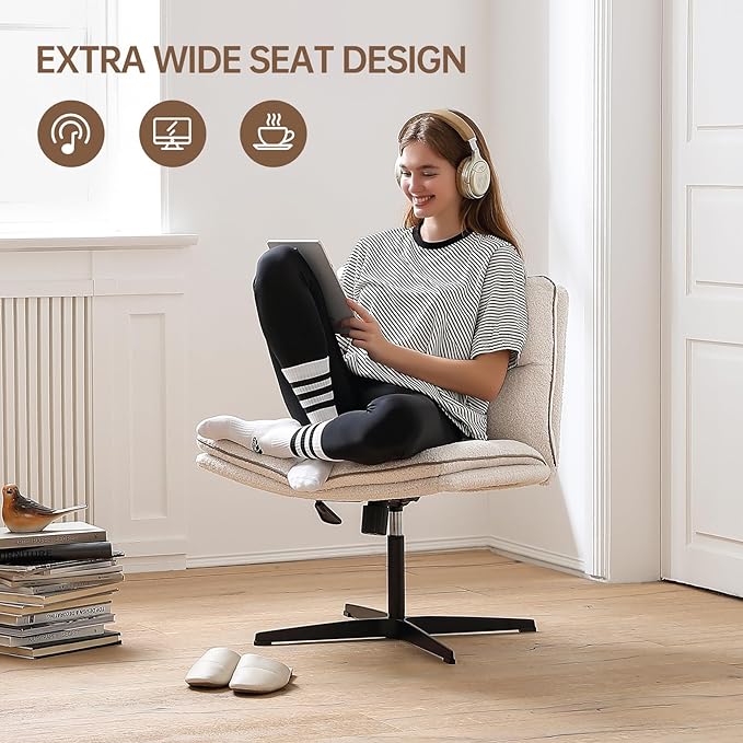 EMIAH Armless Office Desk Chair No Wheels Faux Fur Vanity Mid-Back Ergonomic Home Computer Comfortable Adjustable Swivel Furry Task Chair with Thickened Cushion - LeafyLoom
