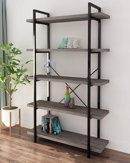 45MinST 5-Tier Vintage Industrial Style Bookcase/Metal and Wood Bookshelf Furniture for Collection, Gray Oak, 3/4/5 Tier (5-Tier) - LeafyLoom