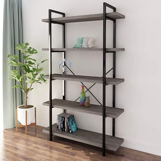 45MinST 5-Tier Vintage Industrial Style Bookcase/Metal and Wood Bookshelf Furniture for Collection, Gray Oak, 3/4/5 Tier (5-Tier) - LeafyLoom
