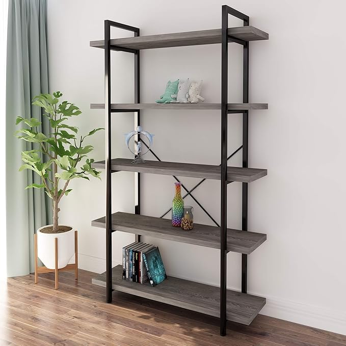 45MinST 5-Tier Vintage Industrial Style Bookcase/Metal and Wood Bookshelf Furniture for Collection, Gray Oak, 3/4/5 Tier (5-Tier) - LeafyLoom