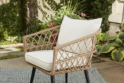 Quality Outdoor Living 65-YZ03HM Hermosa 3 Piece Chat Set, Aluminum Frame + Tan Wicker + Linen Cushions - LeafyLoom