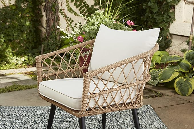 Quality Outdoor Living 65-YZ03HM Hermosa 3 Piece Chat Set, Aluminum Frame + Tan Wicker + Linen Cushions - LeafyLoom