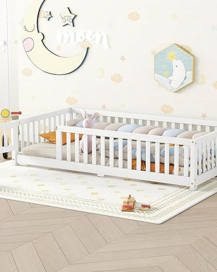 Multifunctional Twin Size Floor Bed with Safety Guardrails and Door, Removable Wood Slats, Montessori Beds Frame for Toddlers, Easy Assembly, for Boys and Girls Room, White - LeafyLoom