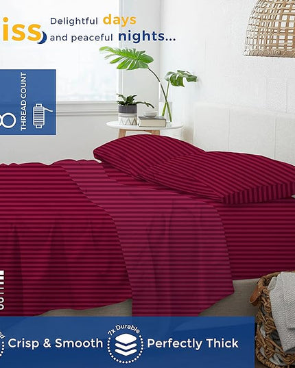 THREAD SPREAD Luxury Egyptian Cotton Twin Stripe Sheet Set - 600 Thread Count Extra Long Staple 3 PC Set, Twin Damask Sheets, Soft, Cooling Sateen Weave Striped Sheets Upto 18" Deep Pocket - Burgundy - LeafyLoom