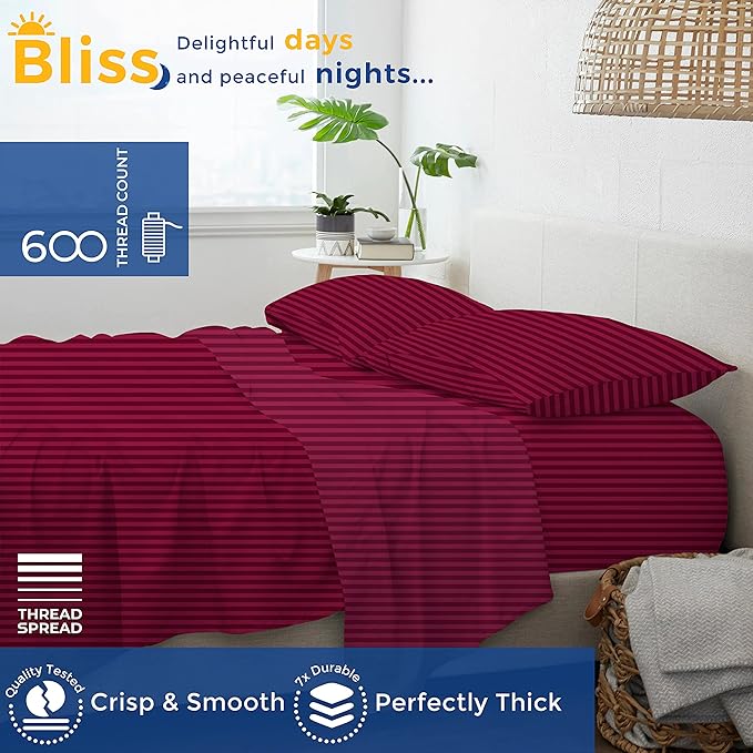 THREAD SPREAD Luxury Egyptian Cotton Twin Stripe Sheet Set - 600 Thread Count Extra Long Staple 3 PC Set, Twin Damask Sheets, Soft, Cooling Sateen Weave Striped Sheets Upto 18" Deep Pocket - Burgundy - LeafyLoom