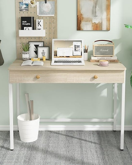 Weehom Computer Desk with Drawers, Home Office Desk for Writing, Studying, and Gaming - Sturdy and Spacious Workstation for PC and Laptop(Beige) - LeafyLoom
