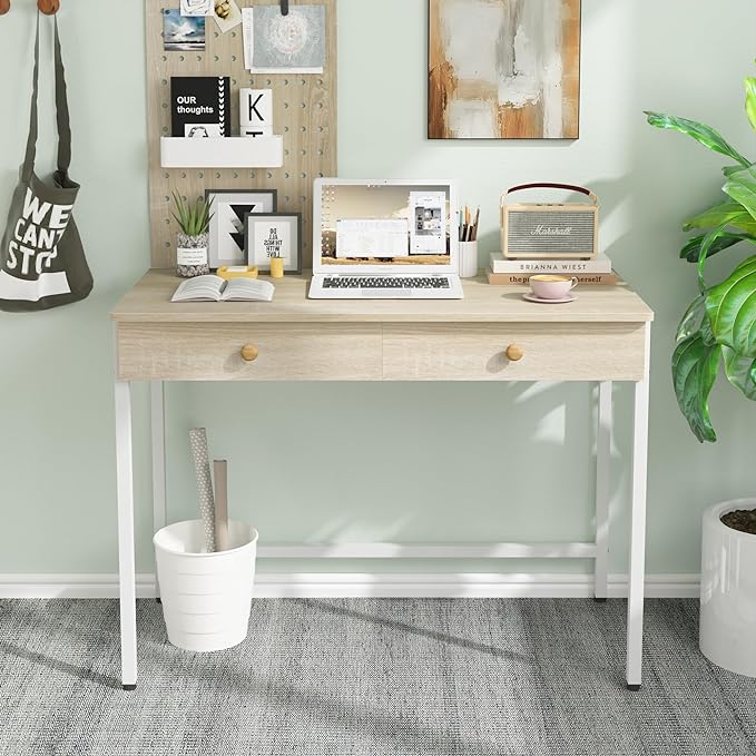 Weehom Computer Desk with Drawers, Home Office Desk for Writing, Studying, and Gaming - Sturdy and Spacious Workstation for PC and Laptop(Beige) - LeafyLoom