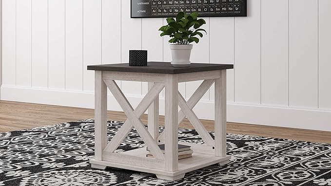 Signature Design by Ashley Dorrinson Modern Farmhouse 47" Home Office Desk with 2 Drawers, Whitewash & Dorrinson Square Modern Farmhouse End Table, Two Tone White & Brown - LeafyLoom