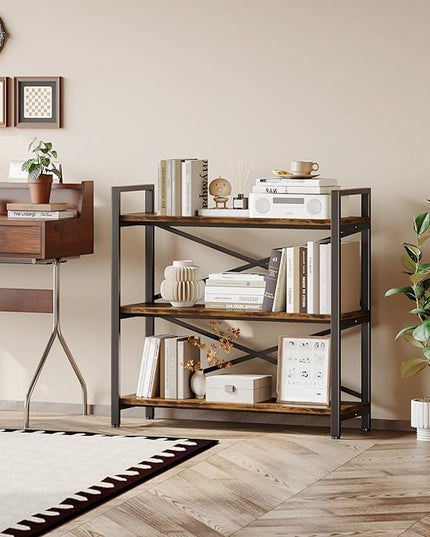 3 Tier Bookshelf 31.49" Width, Wood and Metal Etagere Bookcase, Vintage Farmhouse Modern Wooden Big Book Shelf for Home Living Room Bedroom Office Storage(Rustic Brown) - LeafyLoom