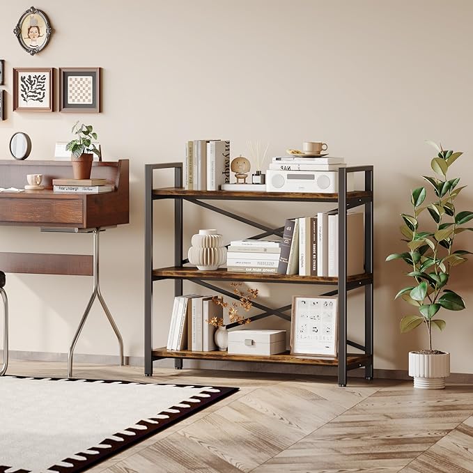 3 Tier Bookshelf 31.49" Width, Wood and Metal Etagere Bookcase, Vintage Farmhouse Modern Wooden Big Book Shelf for Home Living Room Bedroom Office Storage(Rustic Brown) - LeafyLoom