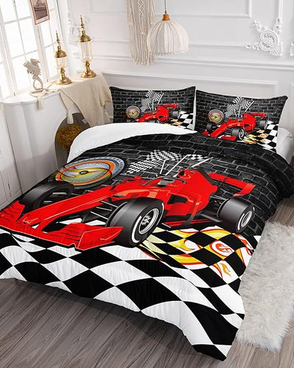 Axolotl Race Car Comforter Set Full Size,Extreme Sports Bedding Set for Boys Teens Kids Girls Room Decor,Cool Speed Car Quilt Bed Set with 1 Comforter 2 Pillowcases Car Racing Gifts,Black Red - LeafyLoom