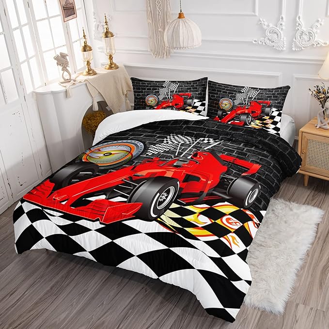 Axolotl Race Car Comforter Set Full Size,Extreme Sports Bedding Set for Boys Teens Kids Girls Room Decor,Cool Speed Car Quilt Bed Set with 1 Comforter 2 Pillowcases Car Racing Gifts,Black Red - LeafyLoom