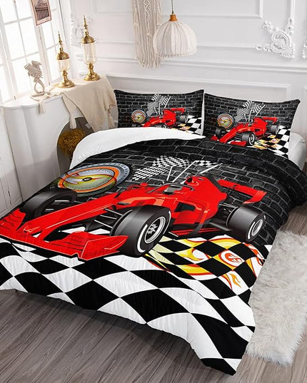 Axolotl Race Car Comforter Set Twin Size,Extreme Sports Bedding Set for Boys Teens Kids Girls Room Decor,Cool Speed Car Quilt Bed Set with 1 Comforter 2 Pillowcases Car Racing Gifts,Black Red - LeafyLoom