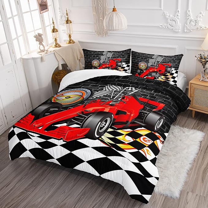 Axolotl Race Car Comforter Set Twin Size,Extreme Sports Bedding Set for Boys Teens Kids Girls Room Decor,Cool Speed Car Quilt Bed Set with 1 Comforter 2 Pillowcases Car Racing Gifts,Black Red - LeafyLoom