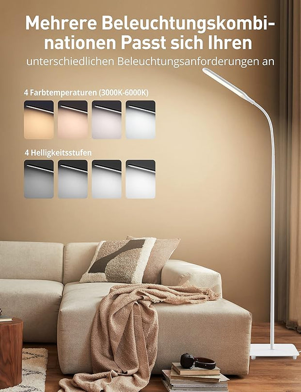 sympa LED Floor Lamp, Super Bright Dimmable LED Lamps for Living Room, Standing Lamp with Adjustable Gooseneck, Touch Control, Stable Base Floor Lamps for Bedroom Office (White) - LeafyLoom