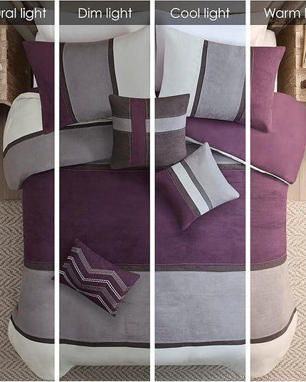 Madison Park Palisades Comforter Set Modern Faux Suede Pieced Stripe Design, All Season Down Alternative Cozy Bedding with Matching Shams, Decorative Pillows, King(104"x92"), Purple 7 Piece - LeafyLoom