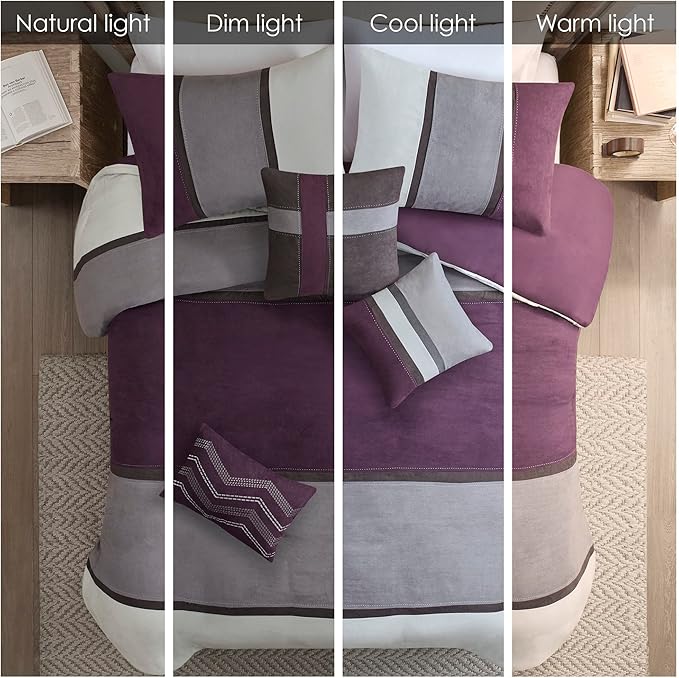 Madison Park Palisades Comforter Set Modern Faux Suede Pieced Stripe Design, All Season Down Alternative Cozy Bedding with Matching Shams, Decorative Pillows, King(104"x92"), Purple 7 Piece - LeafyLoom